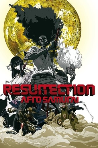 This movie poster features a dramatic scene with a central figure in a black outfit, surrounded by other characters in various poses. The background showcases a large golden moon and a silhouette of a mountain, creating a mysterious and intense atmosphere. The bold red text "AFRO SAMURAI" stands ...