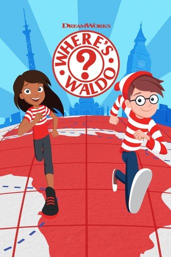 The poster features two animated characters—a girl in a red striped shirt and boy in a red and white striped shirt—standing on a red tiled floor. The background shows a stylized cityscape with blue sky and a question mark in the center. The vibrant colors and playful design convey a cheerful, eng...