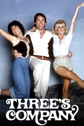 The poster features three characters in a vibrant, playful pose against a bright blue background. The characters exude energy and humor, with one woman in a black top and jeans, another man in a white shirt and pants, and a blonde woman in a white blouse and shorts. The bold, white title "THREE'S...