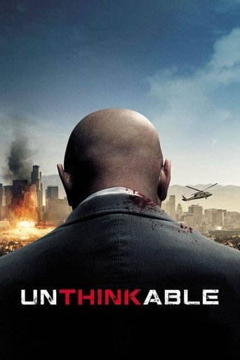The poster features a bald man in a dark suit, his back to the viewer, gazing over a devastated cityscape. Flames and smoke rise from the background, while a plane flies low in the sky. The muted colors and somber mood evoke a sense of impending doom and human fragility.