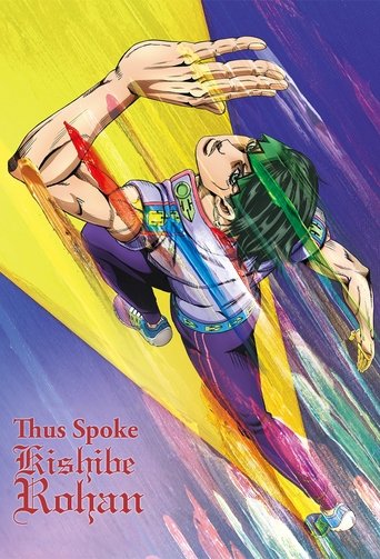 The poster features a dynamic illustration of a young man with green hair and a blue outfit, soaring through vibrant colors like yellow and purple. The title "Thus Spoke Kishibe Rohan" is prominently displayed in red text. The energetic composition and bold colors evoke a sense of adventure and e...
