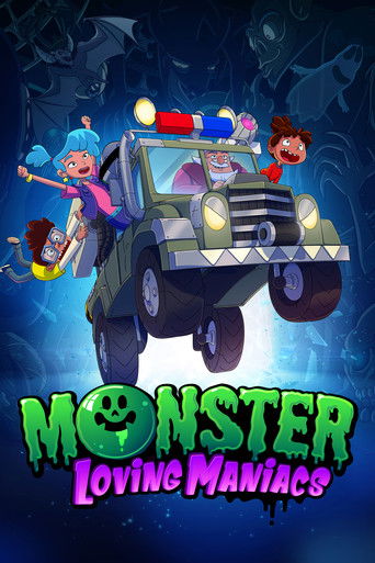 The poster features three animated characters riding a green monster truck against a spooky, dark blue background. The characters are dressed in colorful outfits, and the scene exudes a playful yet eerie mood. The title "Monster Loving Maniacs" is prominently displayed at the bottom in bold, gree...