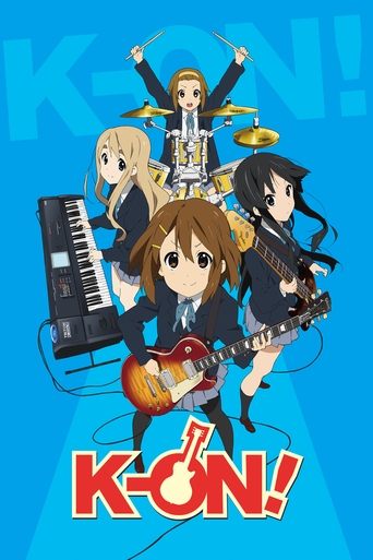 This vibrant K-ON! poster features five anime-style characters in dynamic poses, each playing an instrument. The bright blue background with bold red text creates a lively and energetic atmosphere. The characters' colorful outfits and expressive poses convey a sense of fun and musical energy.