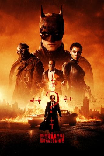 The Batman poster features a dramatic, fiery orange and black color scheme that evokes danger and mystery. Batman stands prominently in the center, flanked by two other characters in dark, tactical attire. The scene is set against a backdrop of a burning cityscape, with a helicopter hovering over...