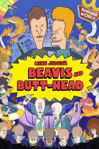 The poster features a chaotic scene with Beavis and Butt-Head in the center, surrounded by various cartoon characters in a vibrant, colorful array of bright blues, purples, and yellows. The mood is energetic and humorous, capturing the essence of the show's slapstick humor.