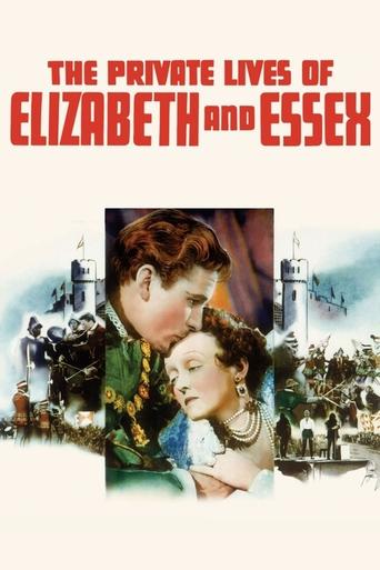 The poster features a romantic couple in the foreground, with Elizabeth and Essex embracing warmly. The background showcases a grand castle and a lively village, suggesting a historical setting. The muted colors and soft lighting evoke a nostalgic, romantic mood, emphasizing the timeless romance ...