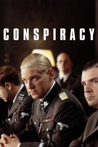 The poster features a group of uniformed officers in dimly lit, moody scenes, with a somber and tense atmosphere. The title "CONSPIRACY" is prominently displayed in bold, white letters, emphasizing the film's theme of hidden agendas and political intrigue.
