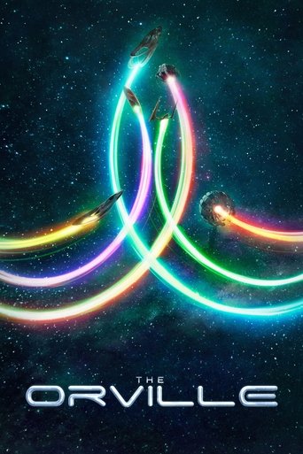 The Orville poster features vibrant neon lights forming an abstract, swirling pattern against a starry backdrop. The glowing lines evoke a sense of wonder and nostalgia, while the title at the bottom suggests a story about friendship and adventure.