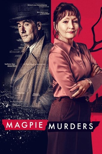 The poster features a dramatic scene with a man in a trench coat and a woman in a pink jacket, both exuding mystery and tension. The red background adds a sense of urgency and danger, while the title "Magpie Murders" in bold white letters emphasizes the show's theme of supernatural killings.