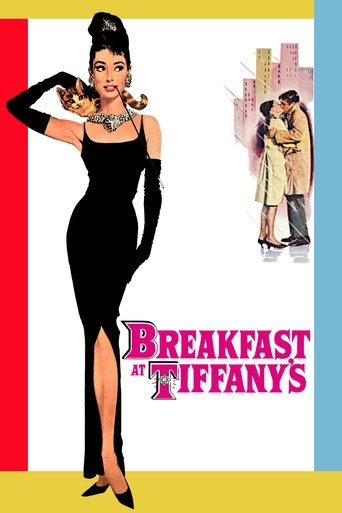 The poster features a glamorous woman in a black dress against a vibrant red and yellow background, exuding elegance. In the upper right corner, a couple stands in a cityscape, adding a romantic touch. The title "Breakfast at Tiffany's" is prominently displayed in bold pink letters, capturing the...