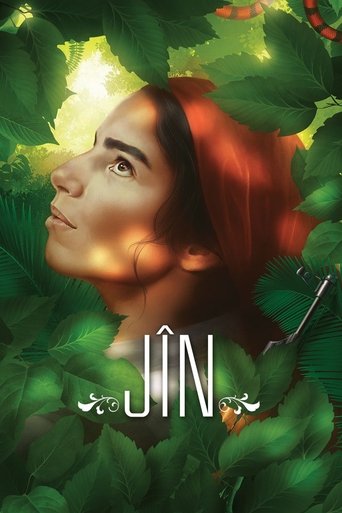 The poster features a woman with vibrant red hair gazing upward through lush green foliage, bathed in warm sunlight. The title "Jîn" is elegantly displayed in white lettering against the verdant backdrop, evoking a serene and mystical atmosphere.