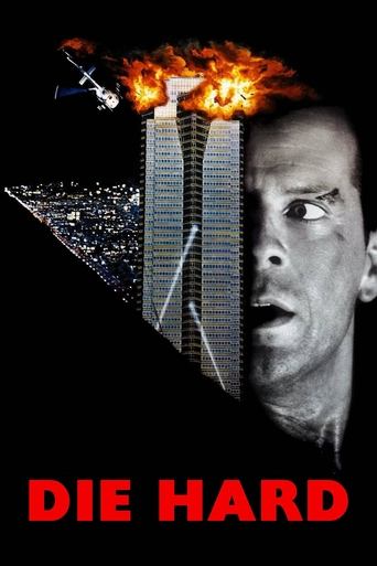 The poster features a tense, dramatic scene with a man in a white shirt looking intensely at the viewer, set against a backdrop of a burning skyscraper and a cityscape. The bold red text "DIE HARD" at the bottom emphasizes the film's high-stakes action and suspenseful atmosphere.