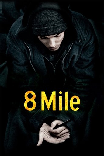 The poster features a man in a dark coat and beanie, his hands clasped tightly, exuding a sense of introspection and struggle. The muted black and dark tones create a somber mood, while the bright yellow text "8 Mile" stands out against the dark background, drawing attention to the title.