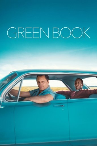 The poster features a man and a woman in a bright blue car, with the title "GREEN BOOK" prominently displayed against a clear sky. The vibrant colors and relaxed atmosphere evoke a sense of adventure and freedom.
