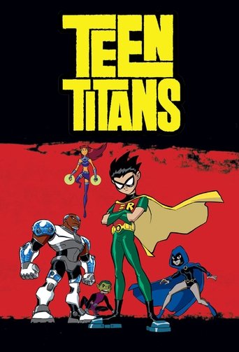 The poster features the iconic Teen Titans in dynamic poses against a bold red background. The characters exude energy with their colorful costumes and confident expressions. The yellow title text stands out prominently, setting a vibrant and energetic tone that captures the essence of the show.