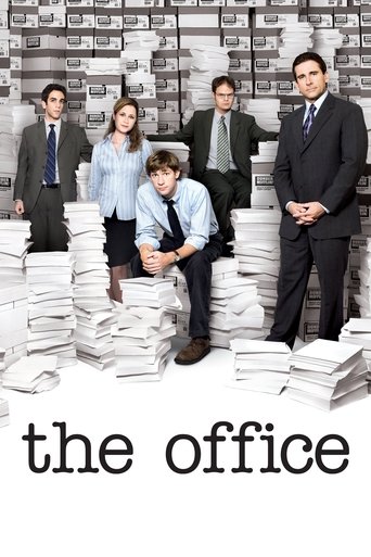 The Office poster features six characters standing amidst towering stacks of office supplies, creating a chaotic yet humorous atmosphere. The warm tones of the background contrast with the cool blues of the characters' suits, emphasizing the comedic dynamic between the characters.