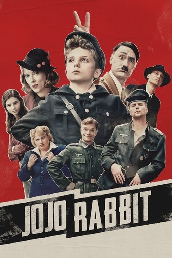 The poster features a vibrant red background with a group of characters in military-style clothing, including a boy in a black uniform and a man in a green jacket. The mood is tense and dramatic, with the title "JOJO RABBIT" prominently displayed in bold, white letters at the bottom.