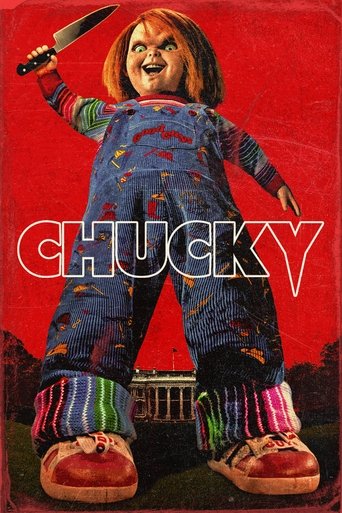 A menacing doll with red hair and a knife stands against a red background, exuding a chilling horror vibe. The poster features bold white lettering spelling "CHUCKY" across the center, emphasizing the character's menacing presence.