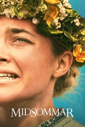 The poster features a woman with a joyful, tearful expression, adorned with a vibrant floral crown. Her warm, sunlit face contrasts beautifully with the deep blue sky, evoking a sense of natural beauty and emotional depth. The title "Midsommar" is elegantly placed at the bottom, suggesting a blen...