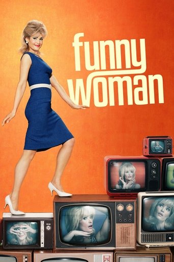 The poster features a stylish woman in a blue dress walking confidently against an orange background. Below her, numerous vintage CRT monitors display various faces, creating a surreal and humorous atmosphere. The bold, playful typography of "Funny Woman" adds to the comedic tone, suggesting a li...