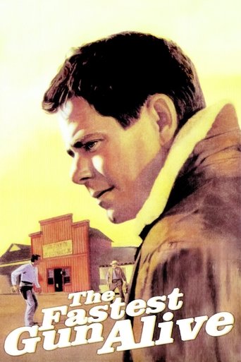 The poster features a man in a trench coat against a warm, golden sunset, evoking a gritty, action-packed atmosphere. In the background, a lone figure walks away from the viewer near a red brick building, adding depth to the scene. The bold, white text of the title "The Fastest Gun Alive" dominat...