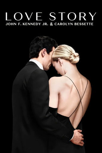 A romantic couple in formal attire embraces against a stark black background, evoking a timeless, dramatic mood. The title "Love Story" anchors the composition, suggesting a narrative of enduring connection.