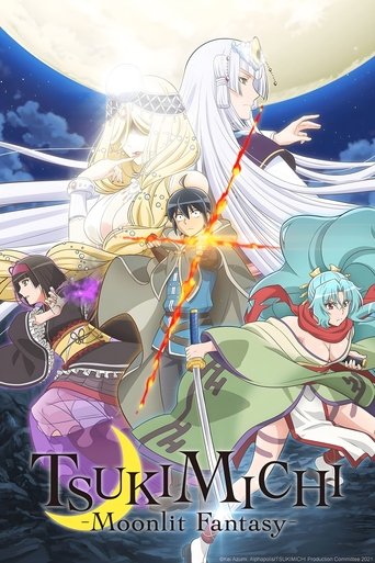 This anime poster showcases a magical fantasy scene with a central figure wielding a glowing staff, surrounded by other characters in vibrant colors. The moonlit background adds a mystical atmosphere, while the title "Tsumimiichi Moonlit Fantasy" is prominently displayed.