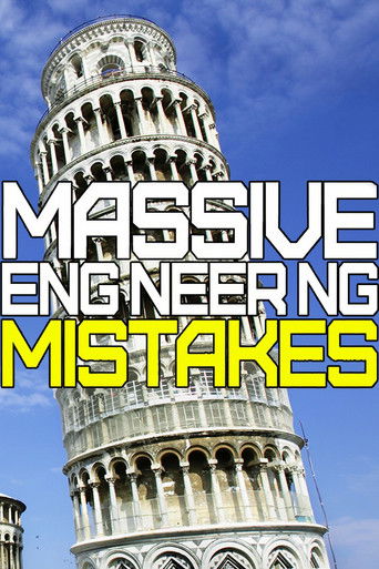The image features a towering Leaning Tower of Pisa against a vibrant blue sky, symbolizing the massive engineering challenges faced by the show. The bold, contrasting colors of white, yellow, and black create a visually striking effect, emphasizing the dramatic and serious tone of the content.