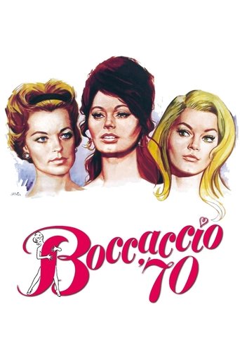 The poster features three women with expressive, slightly melancholic gazes against a stark white background. Their vibrant colors—rich reds, deep browns, and soft golds—create a striking contrast. The title "Boccaccio '70" is written in elegant, cursive pink lettering, evoking a sense of timeles...