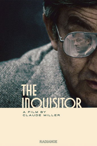 The poster features a close-up of an elderly man with glasses, his face partially obscured by shadows. The muted tones of gray and black evoke a somber, mysterious mood. The title "The Inquisitor" is prominently displayed in bold, white letters, emphasizing the film's intense and dramatic nature.