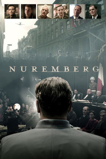 The poster features a somber, muted color palette dominated by grays and browns. It depicts a man's back as the central figure, observing a solemn courtroom scene with a backdrop of historical figures and a tense atmosphere. The composition evokes a sense of historical gravity and moral weight.