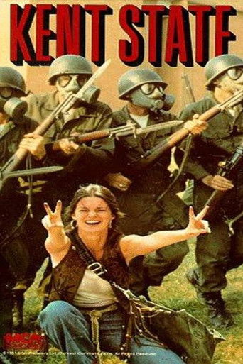 The poster features a woman in a casual outfit making peace signs against a backdrop of soldiers in military uniforms. The colors are vibrant, with earthy tones and a sense of tension. The mood is humorous and lighthearted, contrasting the serious military theme with the woman's playful demeanor.