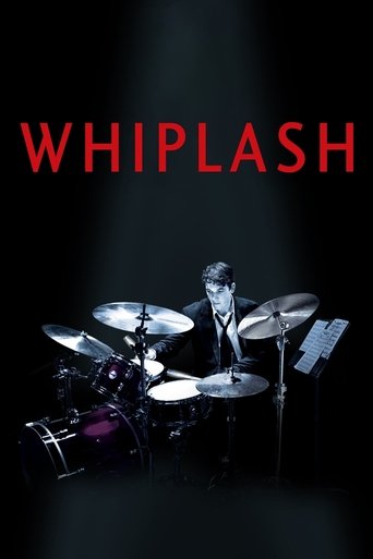 A dark, moody poster features a drummer in shadow against a black background, with the title "WHIPLASH" in bold red letters. The image evokes a sense of intense focus and dramatic tension, capturing the essence of the film's gritty and emotional narrative.