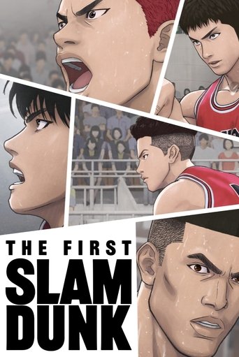 The poster features dynamic action scenes of basketball players in red jerseys, with intense expressions and dramatic lighting. The bold title "The First Slam Dunk" dominates the bottom, emphasizing the film's high-energy narrative. The collage style captures the intensity and excitement of the s...