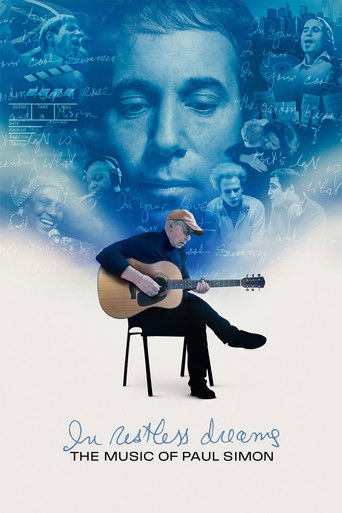 The poster features a man playing guitar against a dreamy blue background with a large face and musical notes. The mood is nostalgic and artistic, capturing the essence of Paul Simon's music.