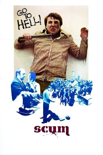 The poster features a man in a brown jacket with a confident expression, arms raised as if celebrating. Below him, blue silhouettes of people dance energetically, suggesting a lively and spirited atmosphere. The title "Scum" is prominently displayed at the bottom in bold red letters. The overall ...