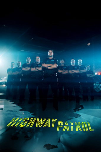 The poster features a group of uniformed officers standing in a line against a dark, moody night sky. The scene is bathed in cool blue and teal tones, creating a serious and professional atmosphere. The title "Highway Patrol" is prominently displayed in bold, yellow-green lettering at the bottom,...
