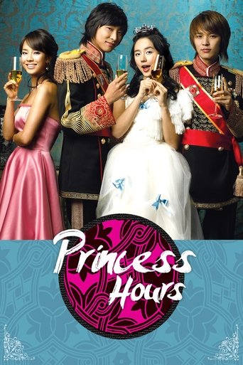 This poster features four young women in colorful, period-inspired outfits against a teal background. The central figure in a white gown exudes elegance, while others wear vibrant dresses and accessories. The pink and purple circular logo at the bottom hints at the show's fantasy theme. The mood ...
