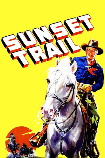 This vibrant movie poster features a cowboy riding a majestic white horse against a bright yellow background. The title "SUNSET TRAIL" is prominently displayed in bold, red lettering with a black outline. The cowboy wears a blue shirt and green pants, while the horse is adorned with a red bridle....