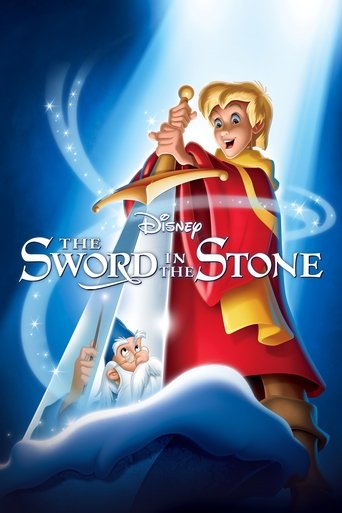 The poster features a young boy in a red and gold cloak holding a golden sword, standing atop a snowy mountain under a starry sky. A smaller boy peers from behind the mountain, while magical blue light swirls around them. The Disney logo and title are prominently displayed in elegant white letter...