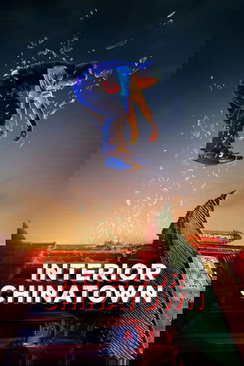 The poster features a dynamic scene with a person in a blue outfit mid-air, surrounded by floating particles that resemble musical notes or debris. The background showcases a vibrant sunset over a cityscape, with warm orange hues contrasting against the cool blues and purples. The title "INTERIOR...