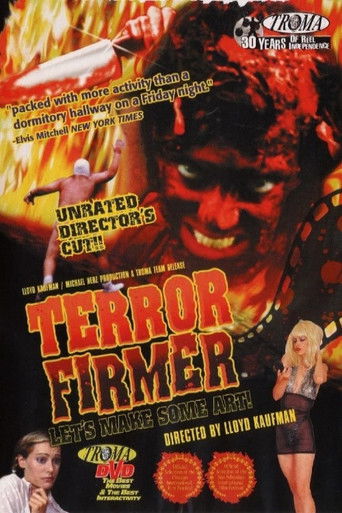 The poster features a menacing zombie-like figure against a fiery backdrop, with a woman in a black dress standing to the right. The title "Terror Firmer" is prominently displayed in bold red letters, accompanied by a tagline about a "Cute Doctor's Cut." The overall design conveys a dark, horror ...