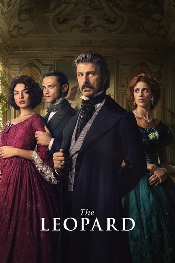 This TV show poster for "The Leopard" features a dramatic group of four elegantly dressed characters in period costumes, exuding an air of mystery and intrigue. The rich, muted tones of the dresses and the ornate background create a sophisticated and timeless atmosphere, hinting at a story steepe...