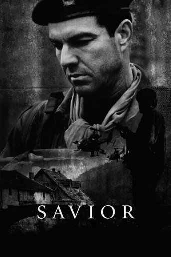 This movie poster features a somber, black-and-white portrait of a man in a beret and scarf, exuding a sense of melancholy and resilience. The title "SAVIOR" is prominently displayed at the bottom, suggesting a story about redemption or survival. The muted tones and dramatic lighting evoke a grit...