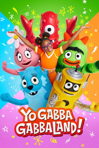 This vibrant TV show poster features colorful, anthropomorphic characters in playful poses against a bright green background. The cheerful, whimsical mood is enhanced by sparkling stars and the bold, playful text at the bottom.