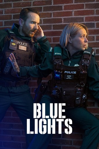 The poster features two police officers in tactical gear against a red brick wall, with one officer holding a flashlight. The bold white text "BLUE LIGHTS" dominates the lower portion. The mood is tense and serious, suggesting an action or crime drama.