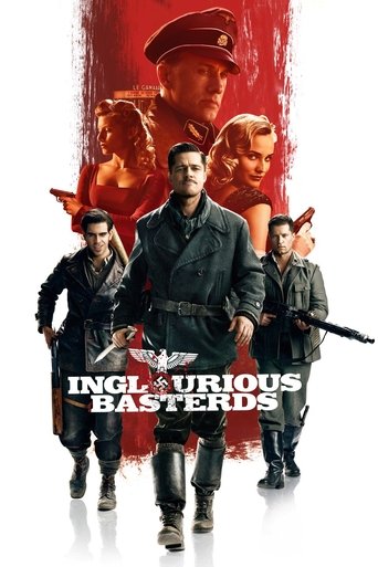 The poster features a central figure in a dark uniform, flanked by armed men in tactical gear against a dramatic red background. The mood is intense and action-packed, with the title "Inglourious Basterds" prominently displayed in bold white letters.