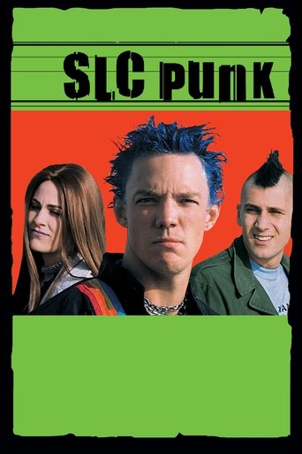 The poster features three individuals with striking blue hair against a vibrant orange background, framed by bold green borders. The mood is energetic and rebellious, capturing the essence of the SLC punk movement.