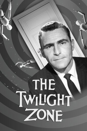 The poster features a black-and-white portrait of a man with a serious expression, framed by a stylized, swirling background. The title "THE TWILIGHT ZONE" is prominently displayed in bold, white letters. The overall mood is mysterious and suspenseful, evoking the classic sci-fi horror of the show.