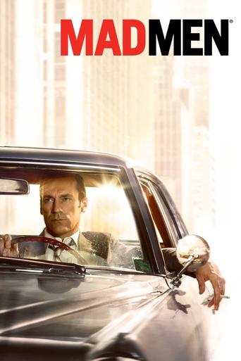 The poster features a man in a suit looking out of a vintage car, with a man in a suit holding a suitcase on the hood. The background shows blurred city buildings, suggesting a bustling urban setting. The color palette includes warm tones, with the red "MAD MEN" text standing out against the dark...